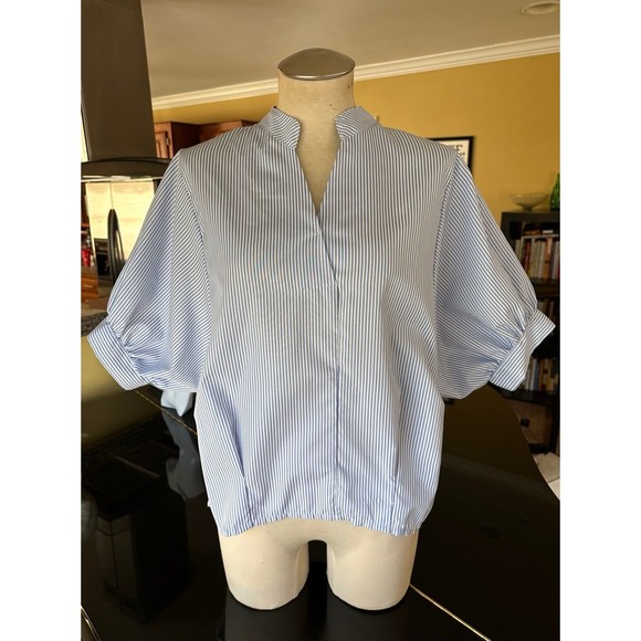 Blue & White Stripe Puff Sleeve Button Down Back Notch Collar Blouse - Picture 4 of 12